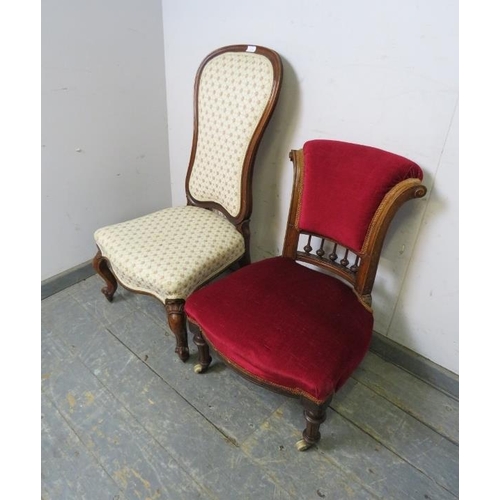 819 - Two Victorian walnut show-wood bedroom chairs, one upholstered in embroidered material, the other in... 