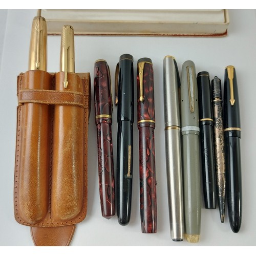 115 - A boxed Mont Blanc fountain pen, two Parker pens in aleather wallet, seven other vintage fountain pe... 