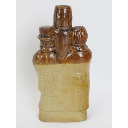 10 - A rare Victorian salt glazed stoneware flask modelled as male and female figures drinking at a taver... 