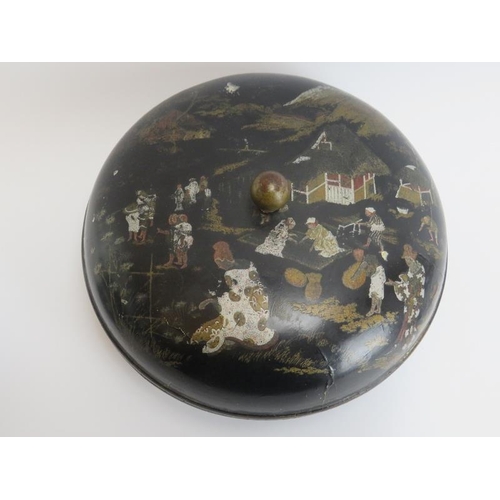 104 - A Japanese antique lacquered circular domed ‘Kogo’ incense box, a Chinese cloisonné enamelled cricke... 