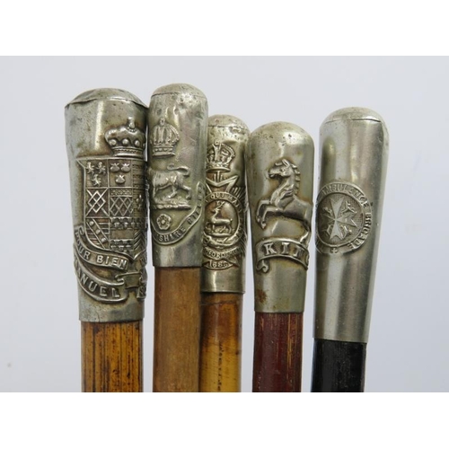 186 - Six British military silver and plated silver mounted bamboo and tapered wood swagger sticks. (6 ite... 