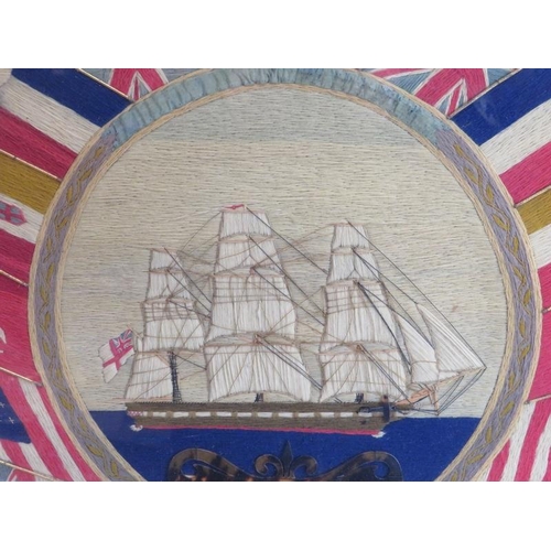 188 - A WWI era Allied Victory woodwork tapestry memorial. Hand woven with allied flags, flowers and folia... 