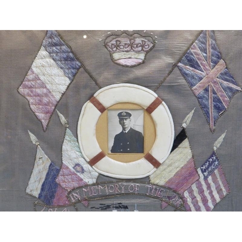 189 - Two WWI era embroidered silkwork tapestry Naval memorials from Malta. Hand stitched with allied flag... 