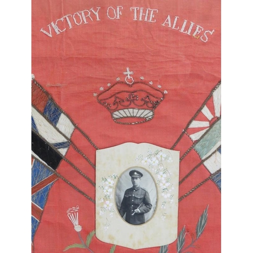 190 - A WWI era ‘Victory of the Allies’ embroidered silkwork tapestry memorial. Hand stitched with allied ... 