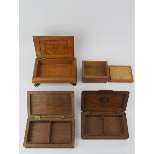 195 - Four Anglo Indian carved wood cigarette, cigar or trinket boxes, early/mid 20th century. RAF, Grenad... 