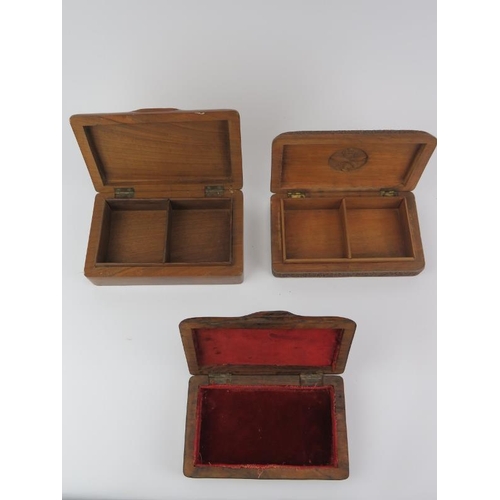 198 - Three Anglo Indian carved wood cigarette / trinket boxes, early/mid 20th century. Comprising the Ind... 