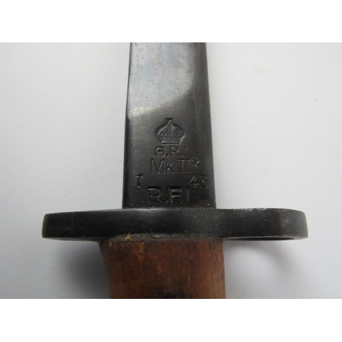 266 - A WWII British Indian army bayonet with scabbard. Ricasso struck with crown above ‘G.R.I. MkII* R.F.... 