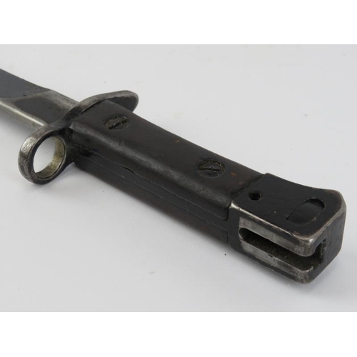 267 - A WWII British Indian army bayonet with scabbard. Ricasso struck with crown above ‘G.R.I. MkII* R.F.... 