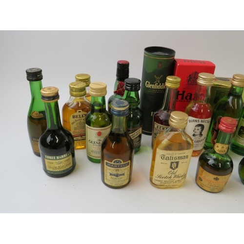 320 - 25 miniature bottles of mainly whisky and cognac including The Balvenie, The Glenlivet, Glenfoyle, O... 