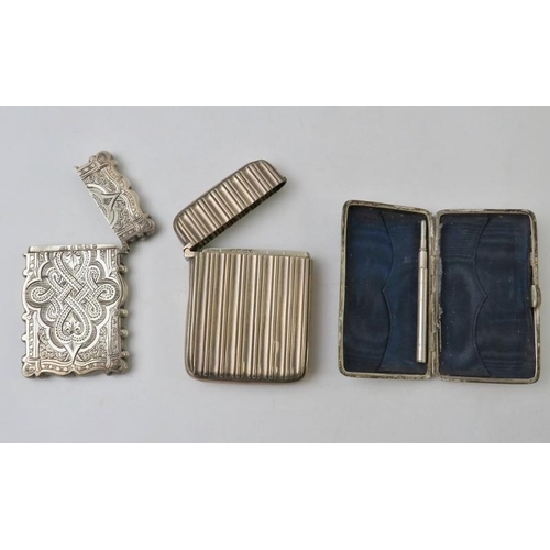 364 - Three Victorian silver card cases of various form. Two with ornate engraved decoration and one with ... 