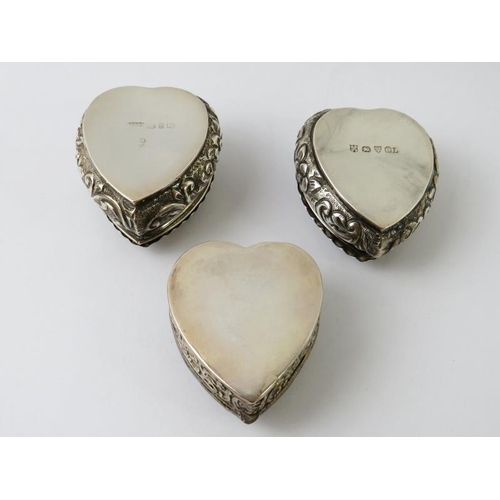 374 - Three Late 19th century silver heart shaped trinket boxes, each fully hallmarked, various makers and... 