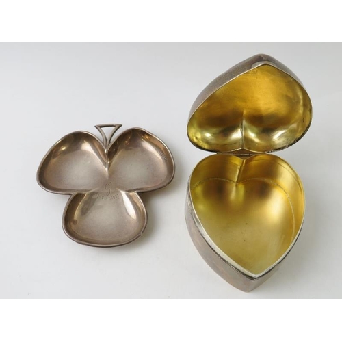 377 - A silver Mappin & Webb heart shaped box with gilded interior, hallmarked for London 1907, and a silv... 