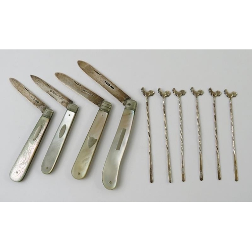 386 - A set of six Edwardian silver cockerel cocktail sticks, hallmarked for Sheffield 1902, and four moth... 