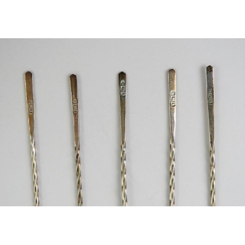 386 - A set of six Edwardian silver cockerel cocktail sticks, hallmarked for Sheffield 1902, and four moth... 