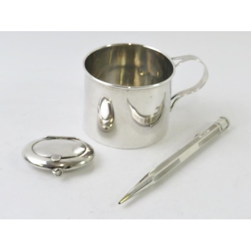 407 - A white metal mug marked STERLING, a small silver compact hallmarked for Birmingham 1917 and a silve... 