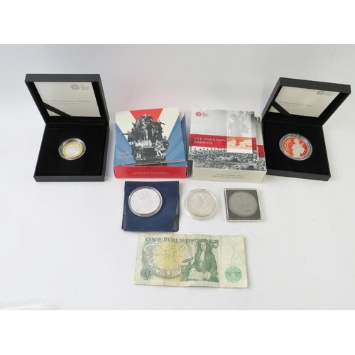 419 - Four proof British silver coins and an 1879 US Morgan Dollar restrike. Coins include 2020 75th anniv... 