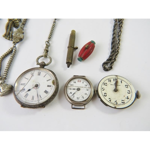 460 - A mixed lot to include a white metal pocket watch, watch chain, various medallions/coins, watch part... 