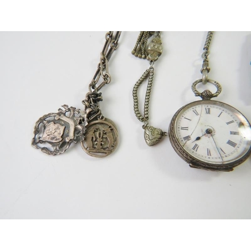 460 - A mixed lot to include a white metal pocket watch, watch chain, various medallions/coins, watch part... 