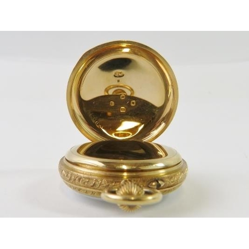 463 - An 18ct yellow gold keyless-wind open faced pocket watch, 38.5mm diameter, with 18ct gold dust cover... 