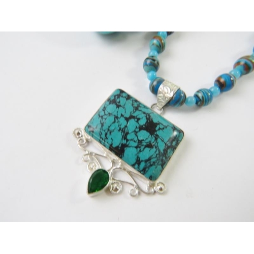 480 - A simulated turquoise bead necklace; and another similar; and another necklace with glass beads and ... 