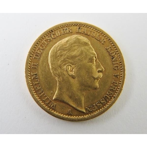 485 - A 1908 German 20 Mark gold coin, approx 8.0 grams.