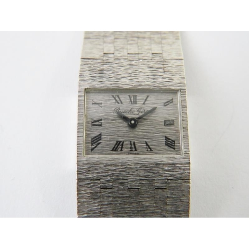 497 - A 9ct white gold Bueche Girod ladies bracelet watch with mechanical movement and Milanese style brac... 