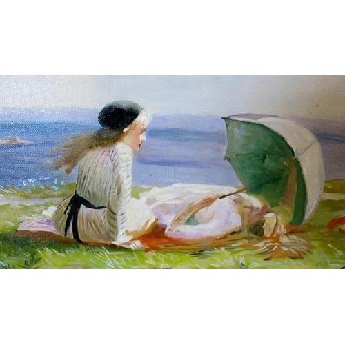 501 - E Lawson 20th Century framed oil on canvas. Couple sunbathing by the coast. Signed E. Lawson lower r... 