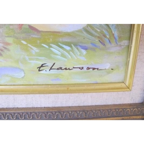 501 - E Lawson 20th Century framed oil on canvas. Couple sunbathing by the coast. Signed E. Lawson lower r... 