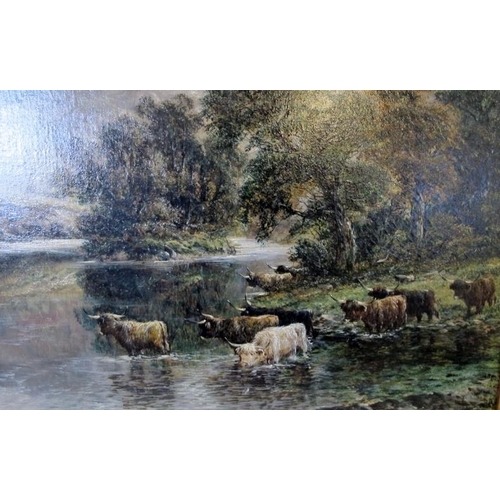 504 - William Langley 1880-1920. Longhorn cattle watering. Signed lower left. 50cm x 75cm approx.
Conditio... 