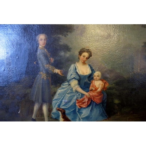 507 - Framed oil on canvas. Georgian family portrait scene with the mother holding a young child and famil... 