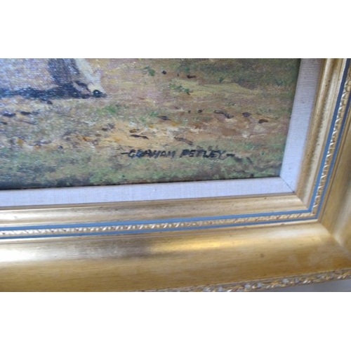 510 - Graham Petley 20th Century framed oil on canvas. A Pair of Shire horses pulling a cart. Signed lower... 