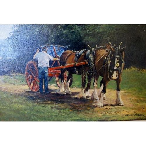 510 - Graham Petley 20th Century framed oil on canvas. A Pair of Shire horses pulling a cart. Signed lower... 