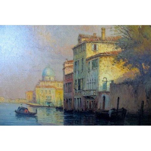 511 - Colette Bouvard (1941-1996). Framed oil on canvas. Gondolier in Venice with sunlight across the buil... 