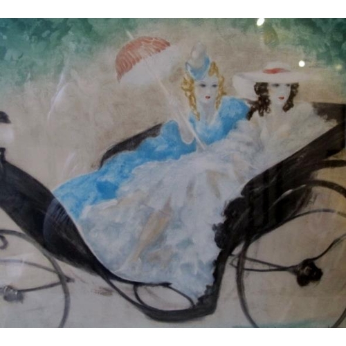 517 - Louis Icart framed and glazed coloured etching. Two pretty ladies in a carriage. Signed by artist lo... 