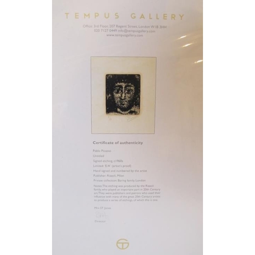 519 - Pablo Picasso. Unframed Picasso etching c1960. Limited edition Artist proof, untitled with Certifica... 