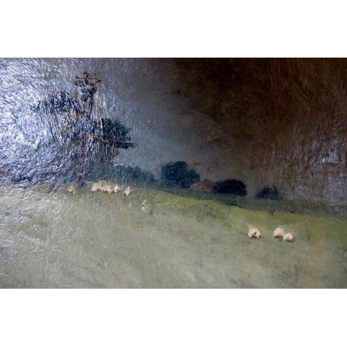 523 - Stark. A framed delightful oil on canvas board, sheep on a hillside.  Signed Stark lower left. 17cm ... 