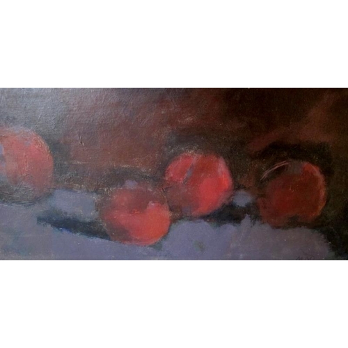 533 - Marilyn Maklouf framed oil on board, still life of plums.  Rowley Gallery of Contemporary Arts. Labe... 