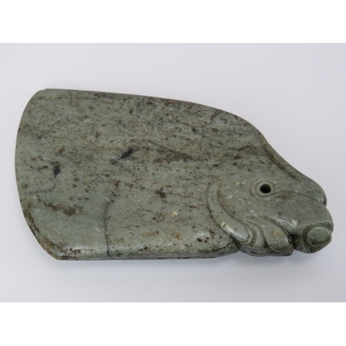 55 - A Chinese Neolithic style carved hardstone axe head, early/mid 20th century. Modelled as a fish with... 