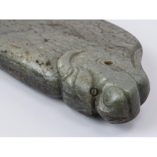 55 - A Chinese Neolithic style carved hardstone axe head, early/mid 20th century. Modelled as a fish with... 