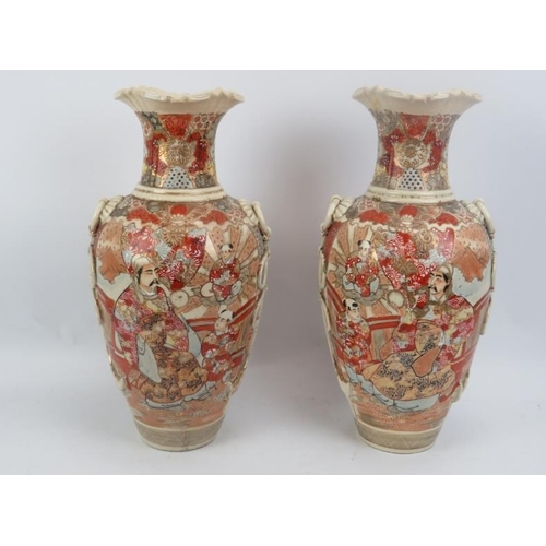 58 - A large pair of early 20th century Japanese vases with applied ring handles.  Height 46cms
Condition... 