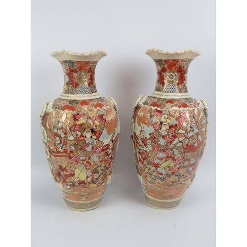 58 - A large pair of early 20th century Japanese vases with applied ring handles.  Height 46cms
Condition... 