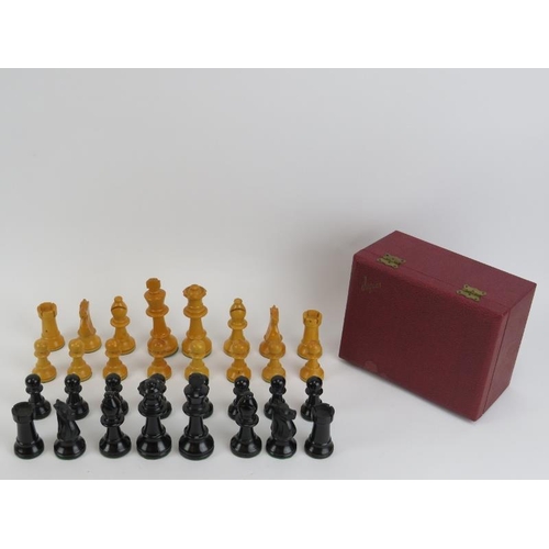 68 - A vintage turned, carved and ebonised wood and sycamore chess set with Jaques chess set box, 20th ce... 