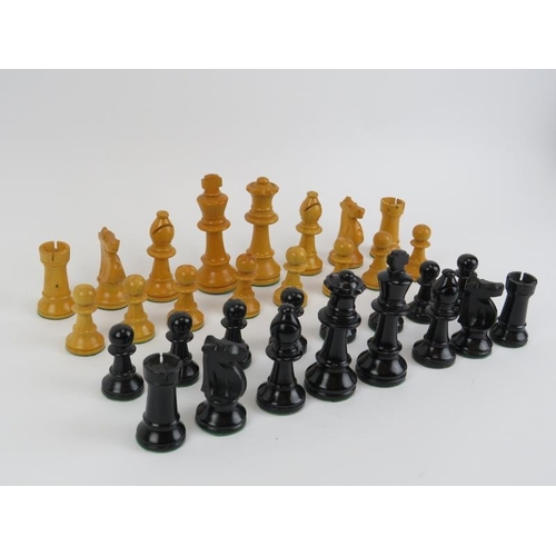 68 - A vintage turned, carved and ebonised wood and sycamore chess set with Jaques chess set box, 20th ce... 