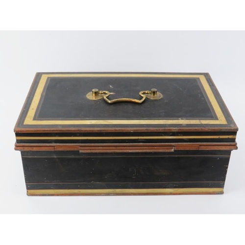 72 - An antique painted metal strong box by Chubb & Son’s of London, early 20th century. With gilt brass ... 