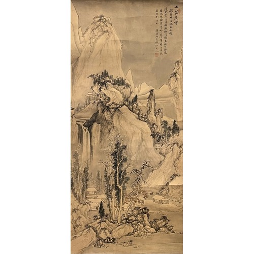 56 - A Chinese mountain landscape scene, after Qian Du (circa 1763 - 1844). Watercolour, inscribed with a... 