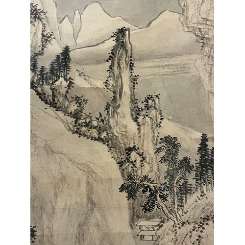 56 - A Chinese mountain landscape scene, after Qian Du (circa 1763 - 1844). Watercolour, inscribed with a... 