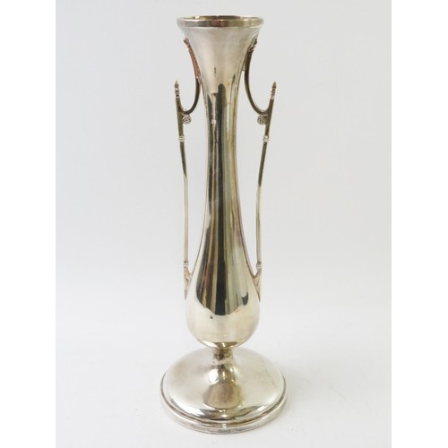 354 - A tall Art Nouveau silver vase with twin decorative handles, hallmarked for Birmingham, date and mak... 