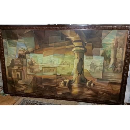 540 - Jayah 20th Century.  A very large carved wooden framed oil on canvas, abstract scenes with columns a... 