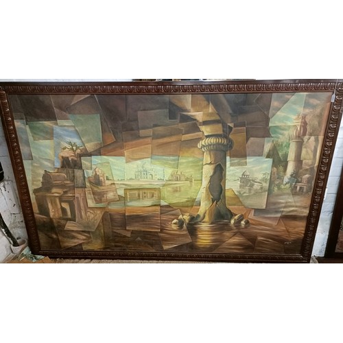 540 - Jayah 20th Century.  A very large carved wooden framed oil on canvas, abstract scenes with columns a... 