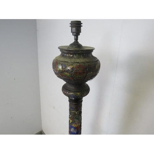 709 - A large 19th century Chinese bronze floor lamp, with cloisonne enamel decoration, on a stepped plint... 